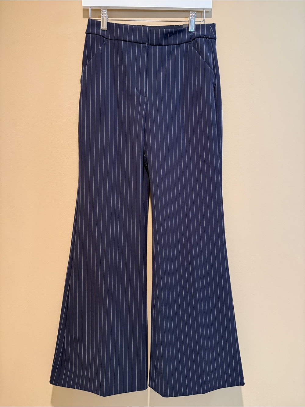 Express Navy Pinstripe Editor Flare Trouser High Rise Stretchy 4S